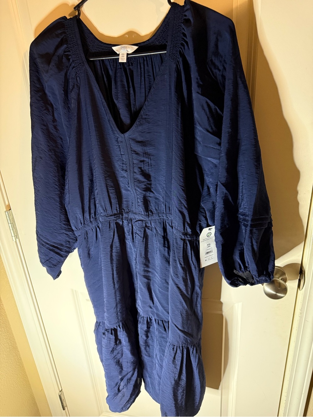 Time and Tru Navy Blue Tiered Midi Dress XXL 20 Boho Peasant Puff Sleeve NWT